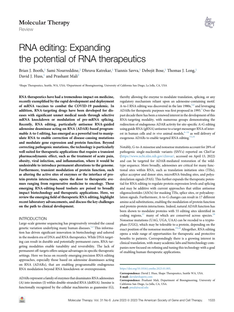 Advances in RNA Editing for Therapy | PDF | Rna | Oligonucleotide