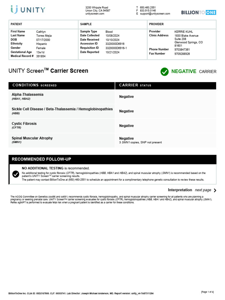 UNITY Screen Carrier Screening Results | PDF | Dna Sequencing | Single ...