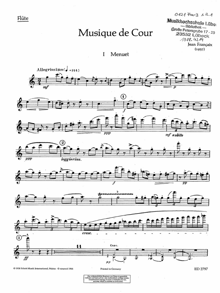 Francaix J. Musique de Cour FL, VL, PN - Parts | PDF