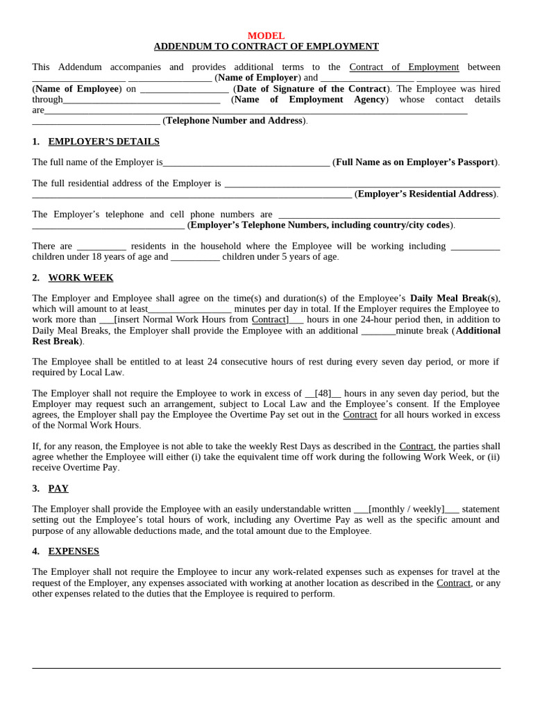 Employment Contract Addendum Template | PDF | Employment | Overtime