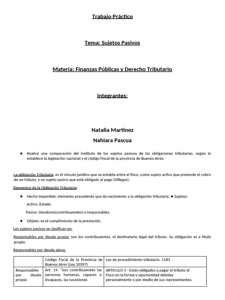 Trabajo Practico. Sujetos Pasivos | PDF | Impuestos | Pagos