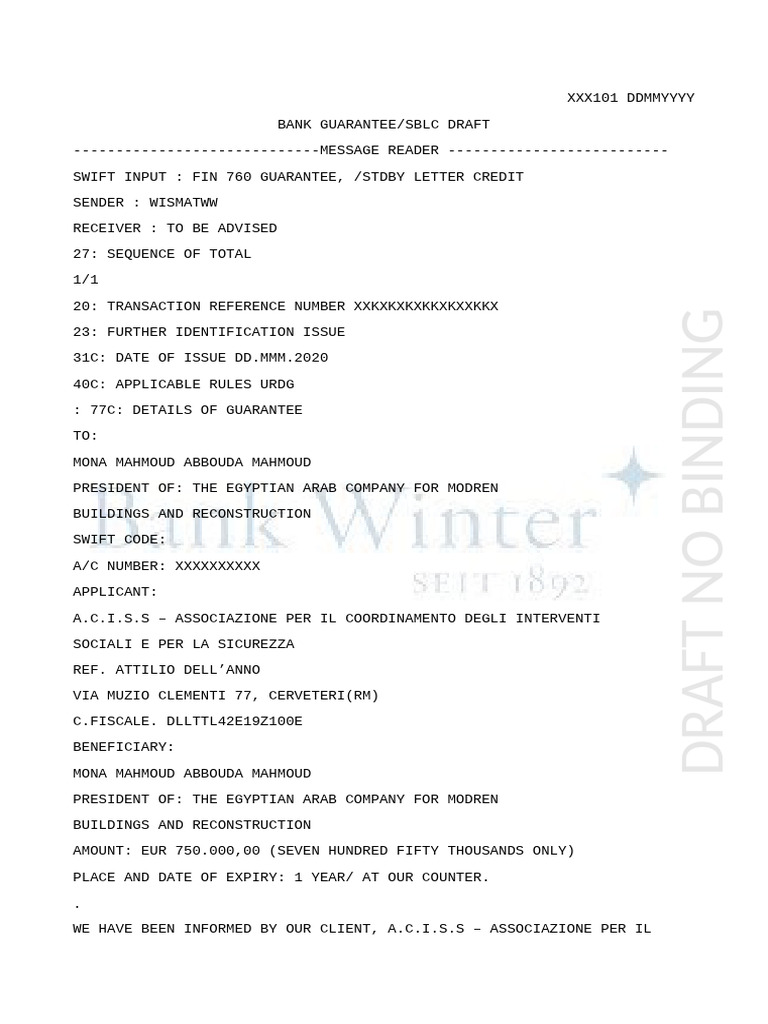Bank Guarantee Draft for EUR 750,000 | PDF | Letter Of Credit | Business