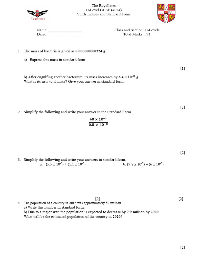 Surds and Standard Form Practice Sheet | PDF | Mathematics