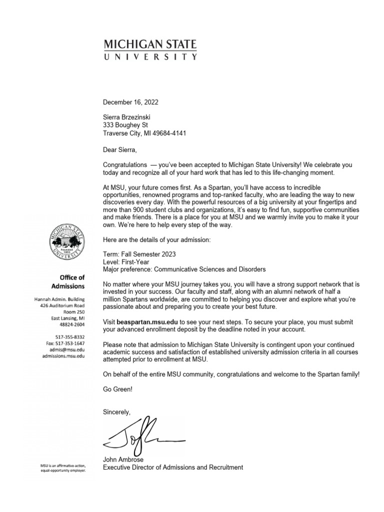 MSU Admission Congratulations Letter | PDF