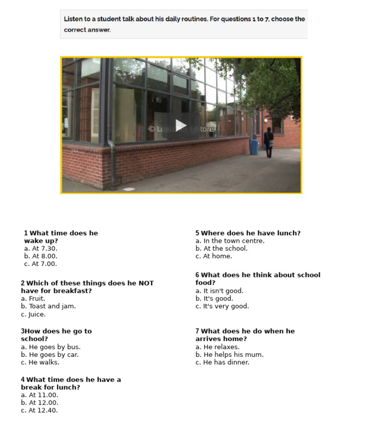 A1 Listening Test - Listen To A Student Talk About His Daily Routines | PDF