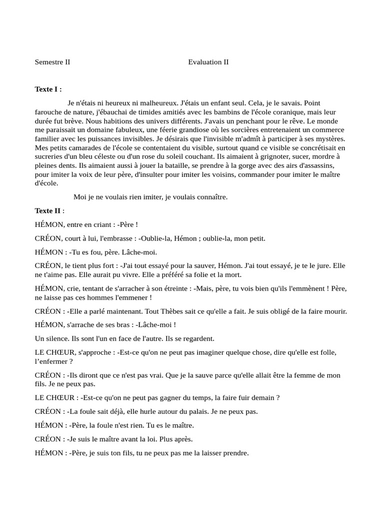 Analyse des textes d'Antigone et d'un enfant rêveur | PDF