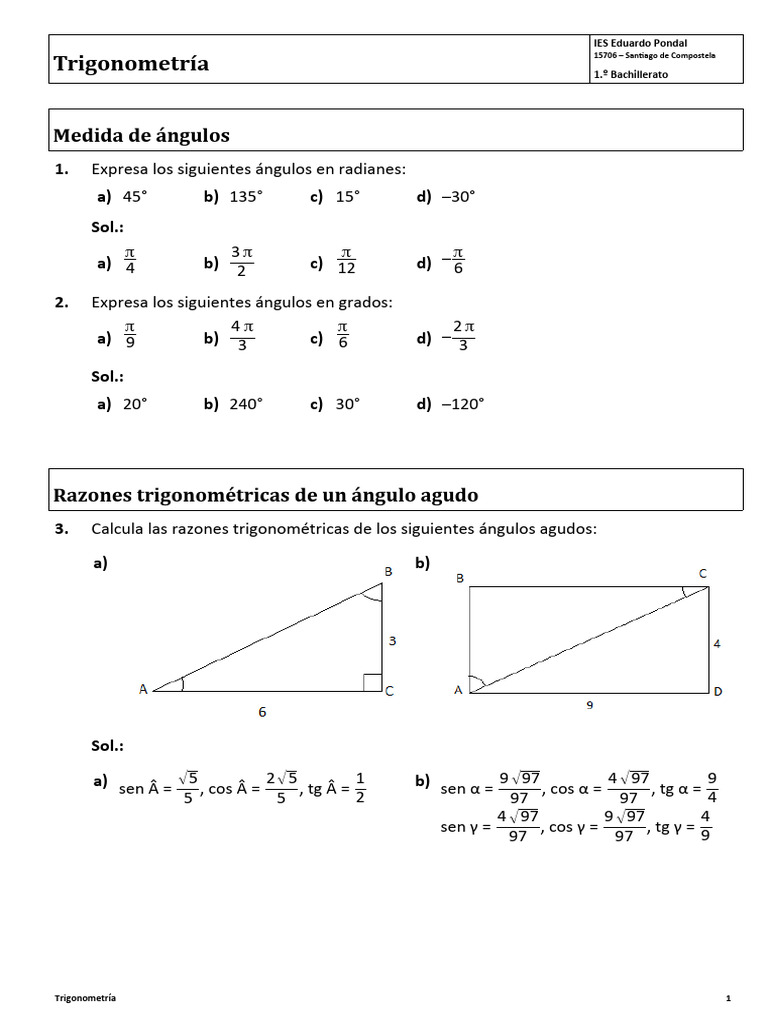 1º BAC - Trigonometria - Ejercicios - Soluciones | PDF | Trigonometría ...