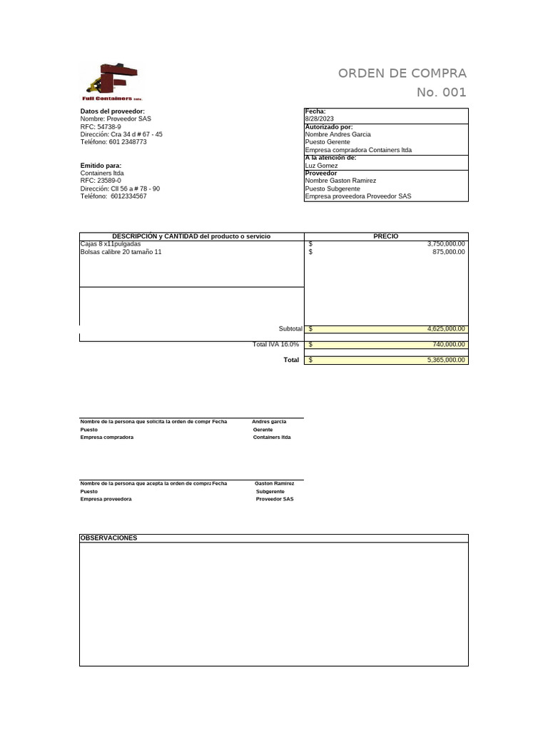 Orden de Compra Formato 4B | PDF