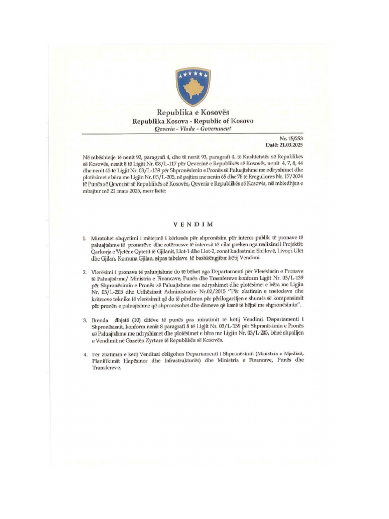 VENDIM NR. 15 253 (Qeveria e Republikës Së Kosovës) | PDF