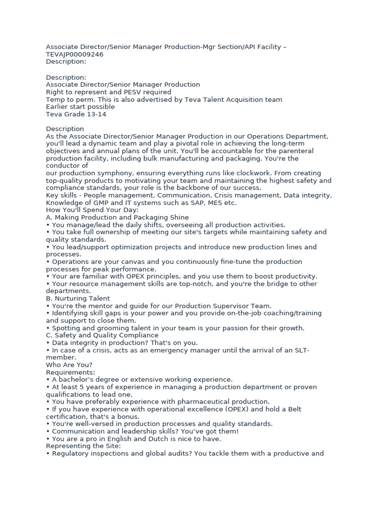 Associate Director Production Role at Teva | PDF | Business | Economies