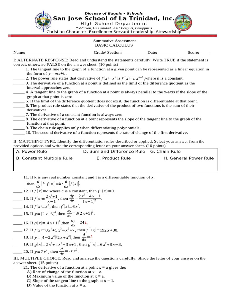 Basic Calculus Summative Assessment | PDF | Derivative | Tangent