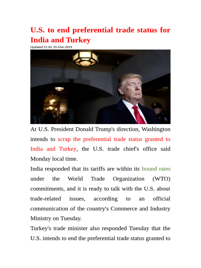 U.S. Ends Trade Preferences for India, Turkey | PDF | International ...