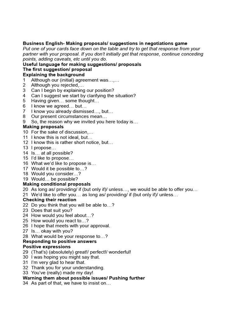 Business English Making Proposals Suggestions in Negotiations Game | PDF