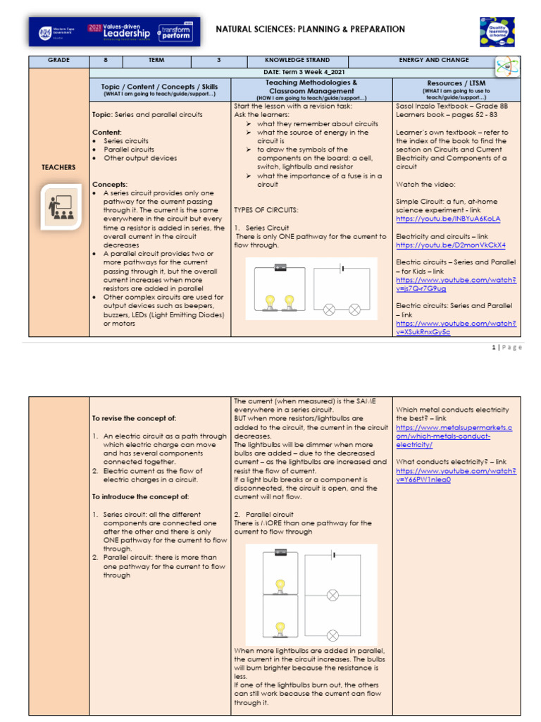 Grade 8 Term 3: Circuits Lesson Plan | PDF | Series And Parallel ...