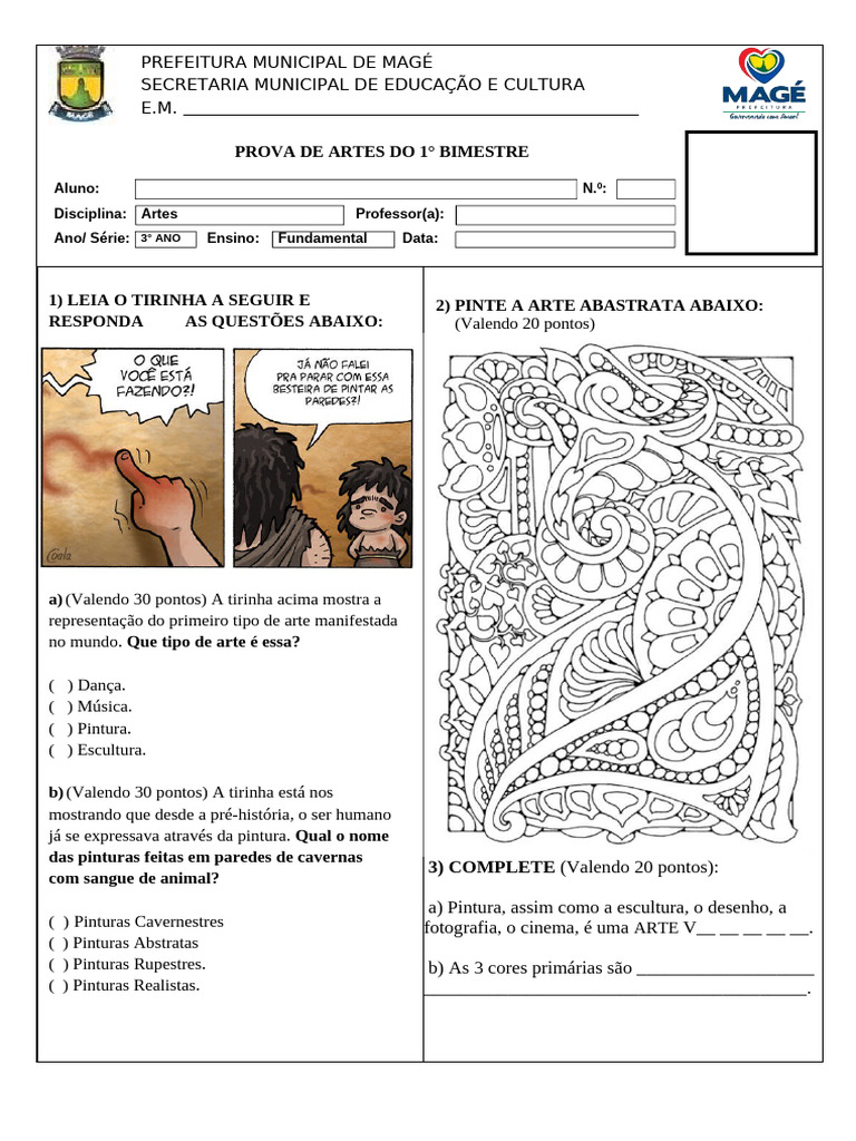 Prova de Artes para 3º Ano do Ensino Fundamental | PDF
