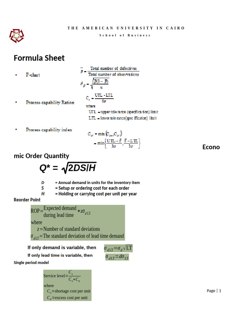 OPMG 3201 Formula Sheet For Second Test | PDF