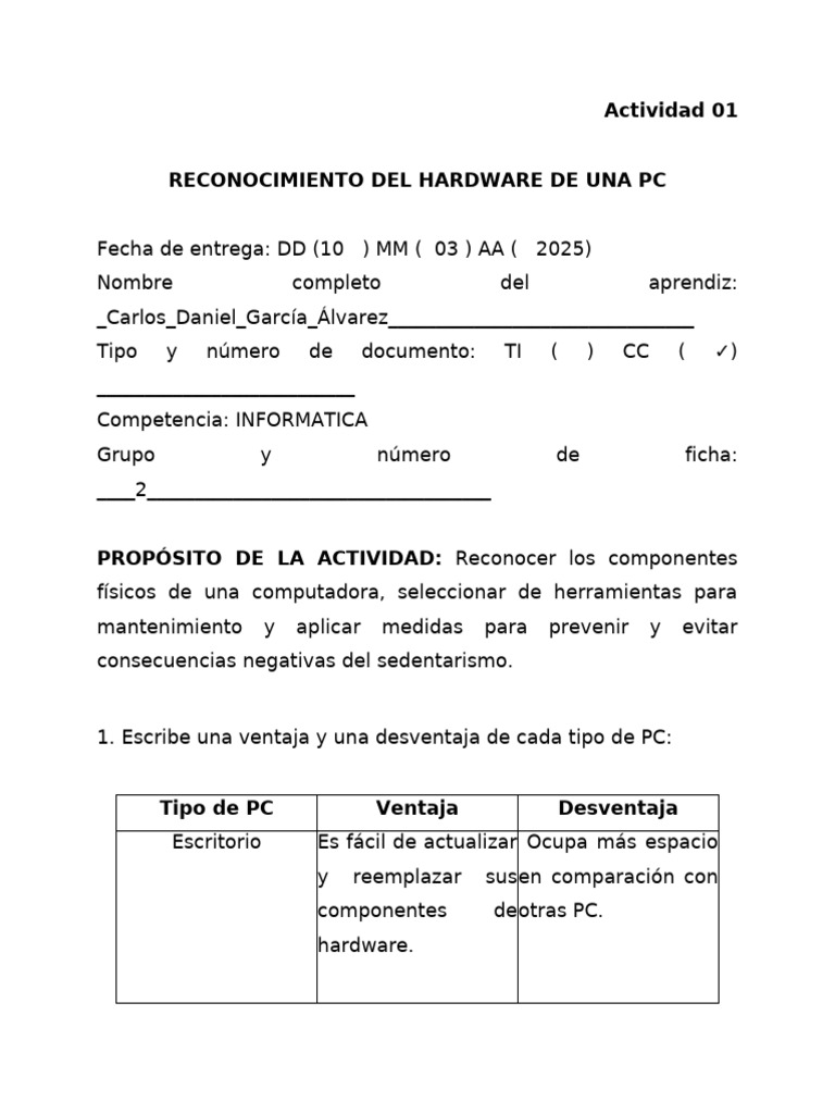 Actividad 01 Reconocimiento Del Hardware de Una ? | PDF | Hardware de ...