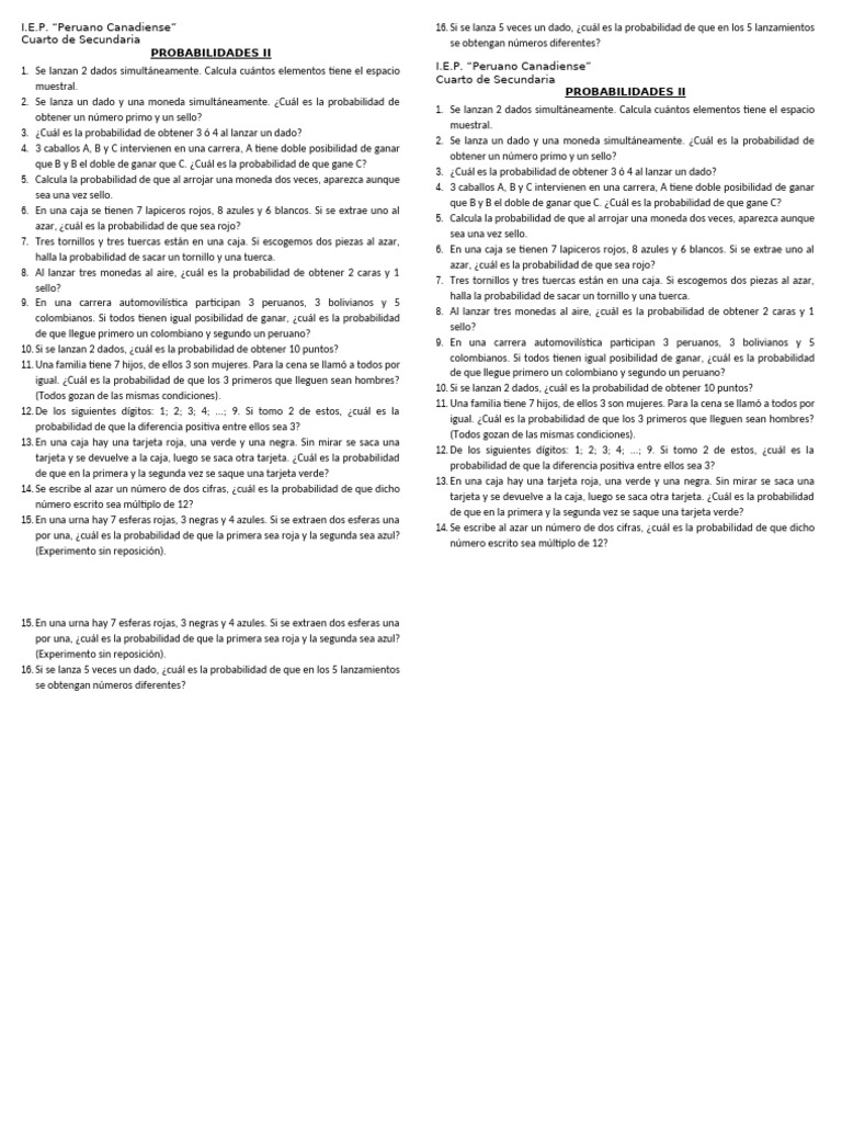 Ejercicios de Probabilidades para Secundaria | PDF | Probabilidad