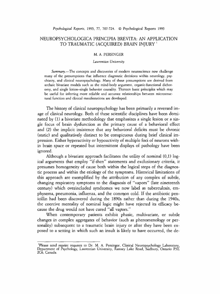 Persinger 1995 Neuropsychologica Principia Brevita An Application To ...