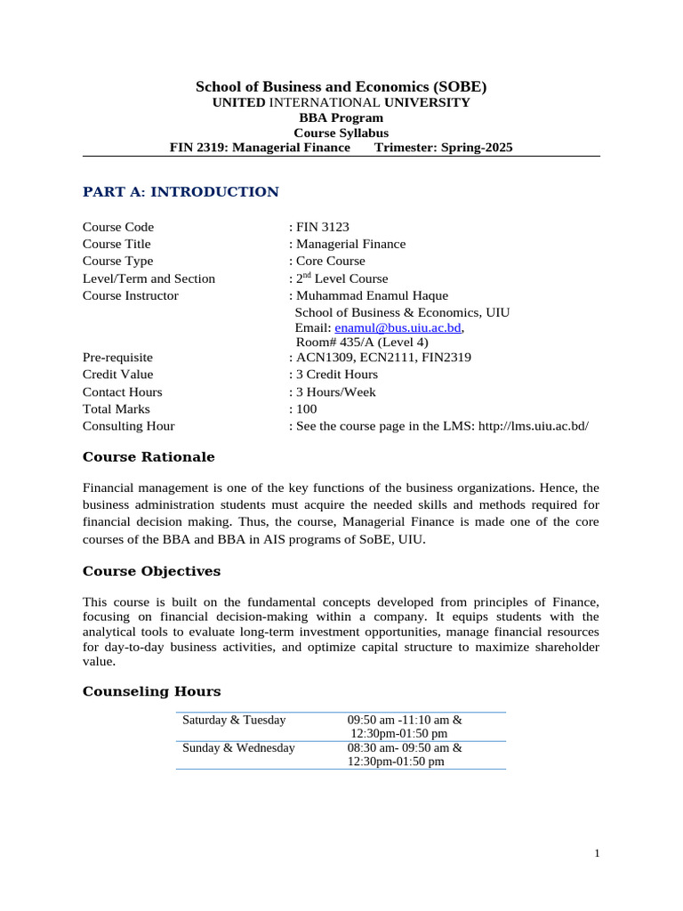 Course Outline - Managerial Finance | PDF | Net Present Value | Capital ...
