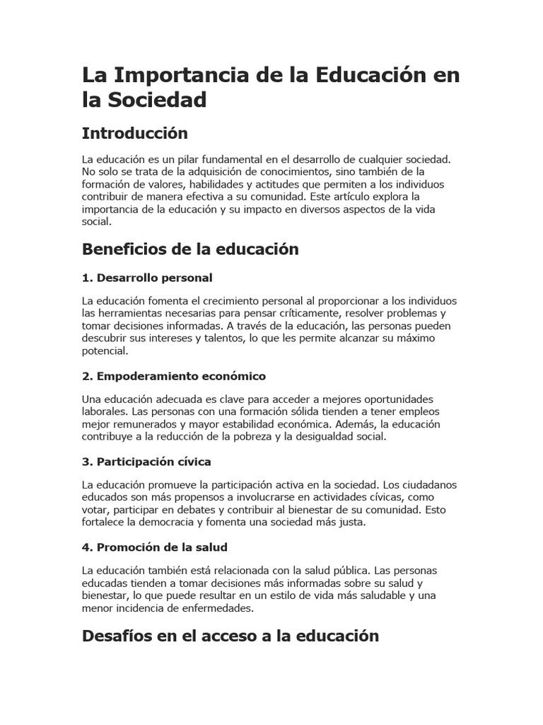 Importancia de la Educación en la Sociedad | PDF | Desigualdad social ...