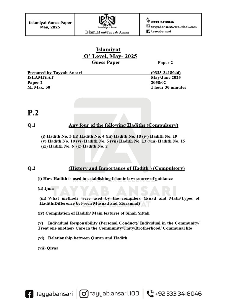 Islamiyat O Level Guess Paper 2025 | PDF | Hadith | Prophets And ...