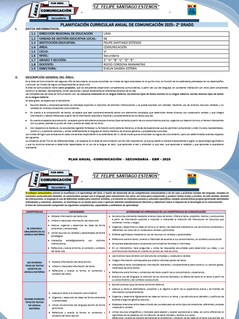 Plan Anual de 2do de Secundaria 2025 | PDF | Aprendizaje | Comunicación