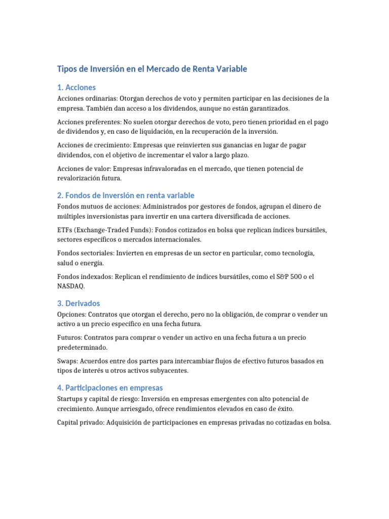 Tipos de Inversión en Renta Variable | PDF | Compartir (Finanzas ...
