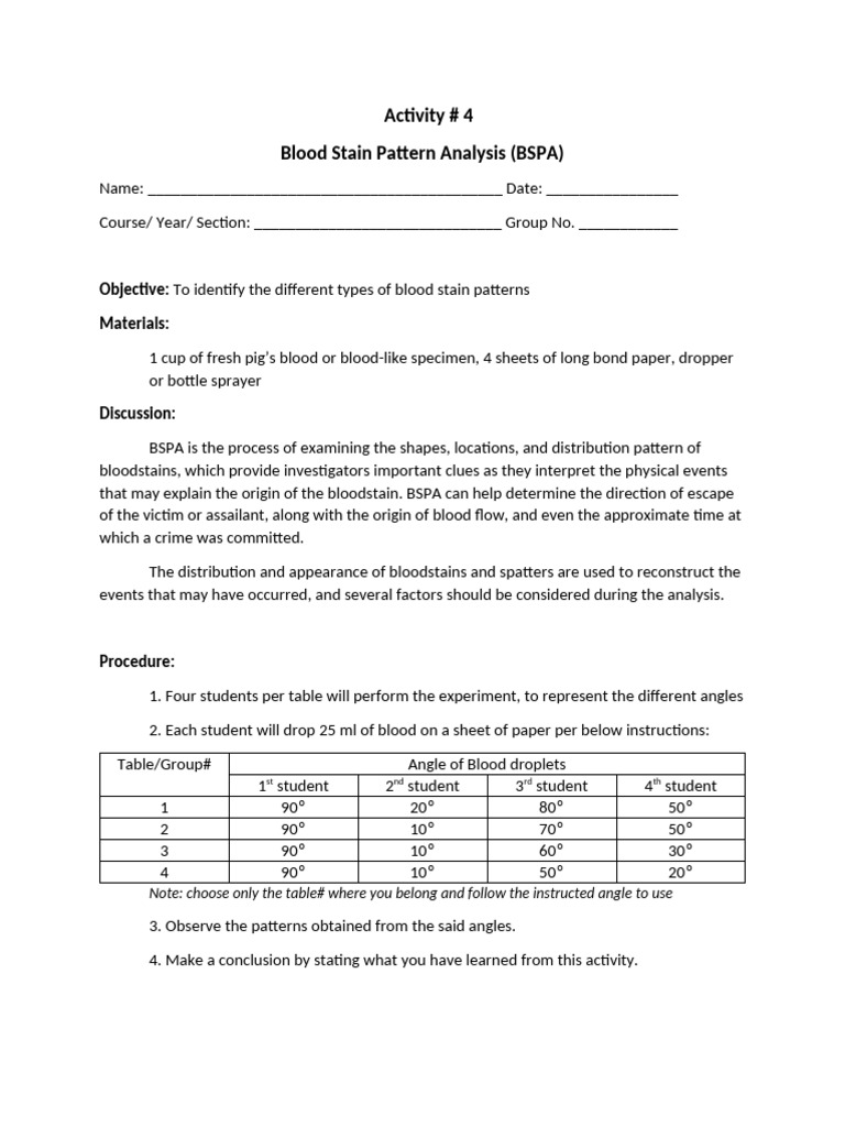Blood Stain Pattern Analysis Activity | PDF