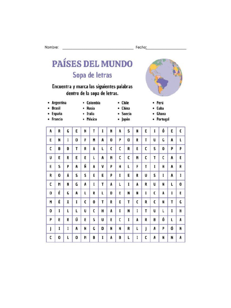 Sopa de Letras Paises Del Mundo | PDF