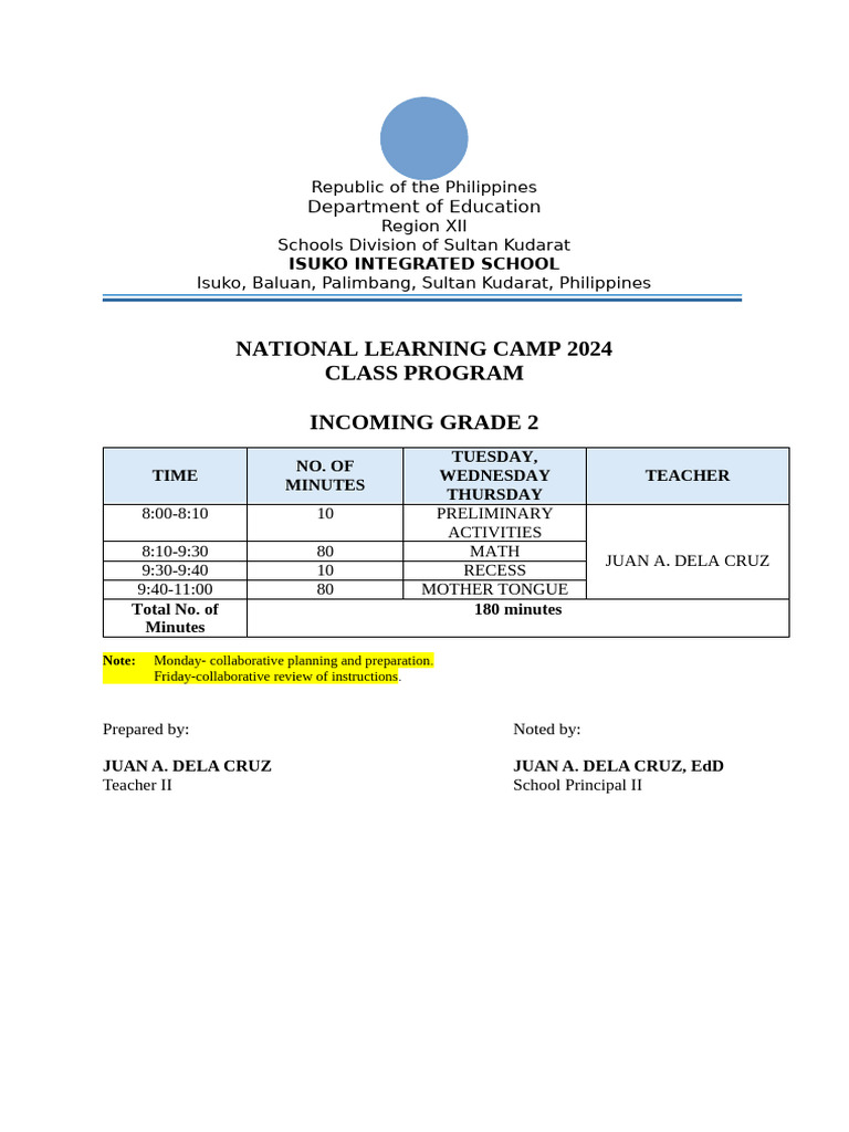 National Learning Camp 2024 Grade 2 Program | PDF