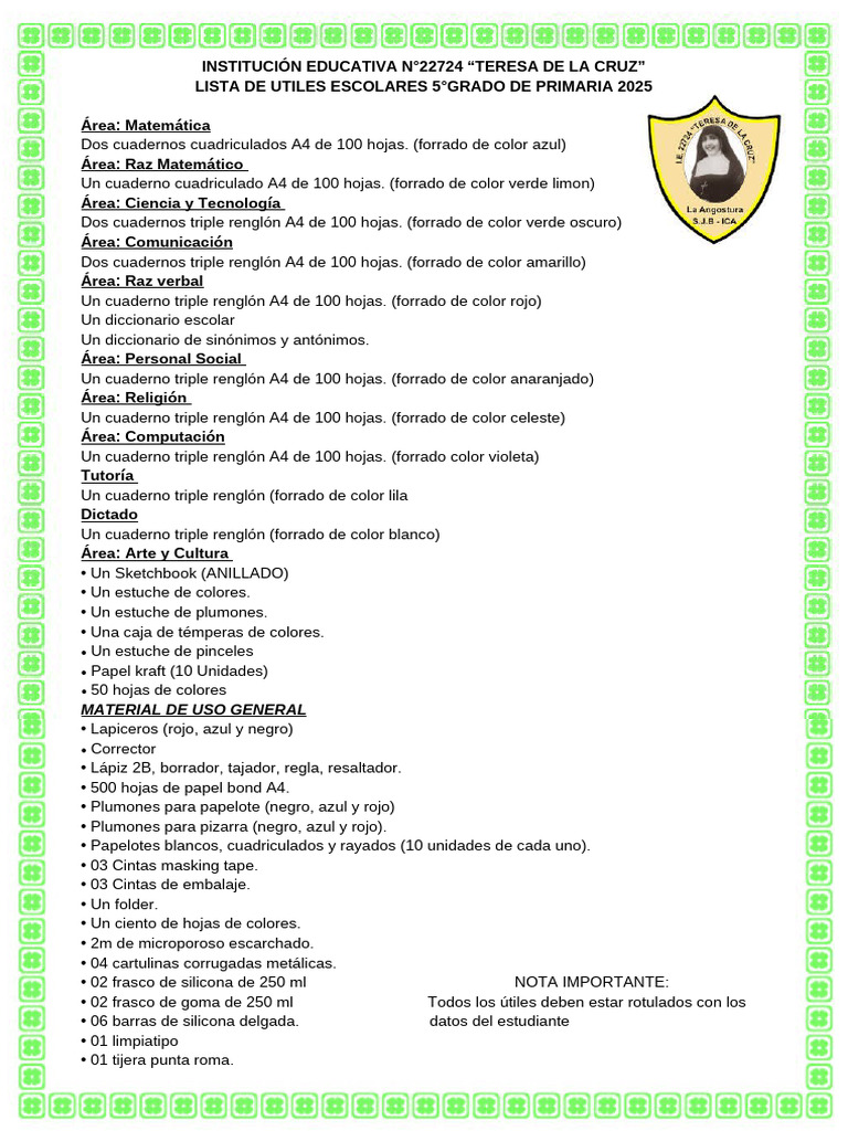 Lista de Útiles 5° Grado Primaria 2025 | PDF