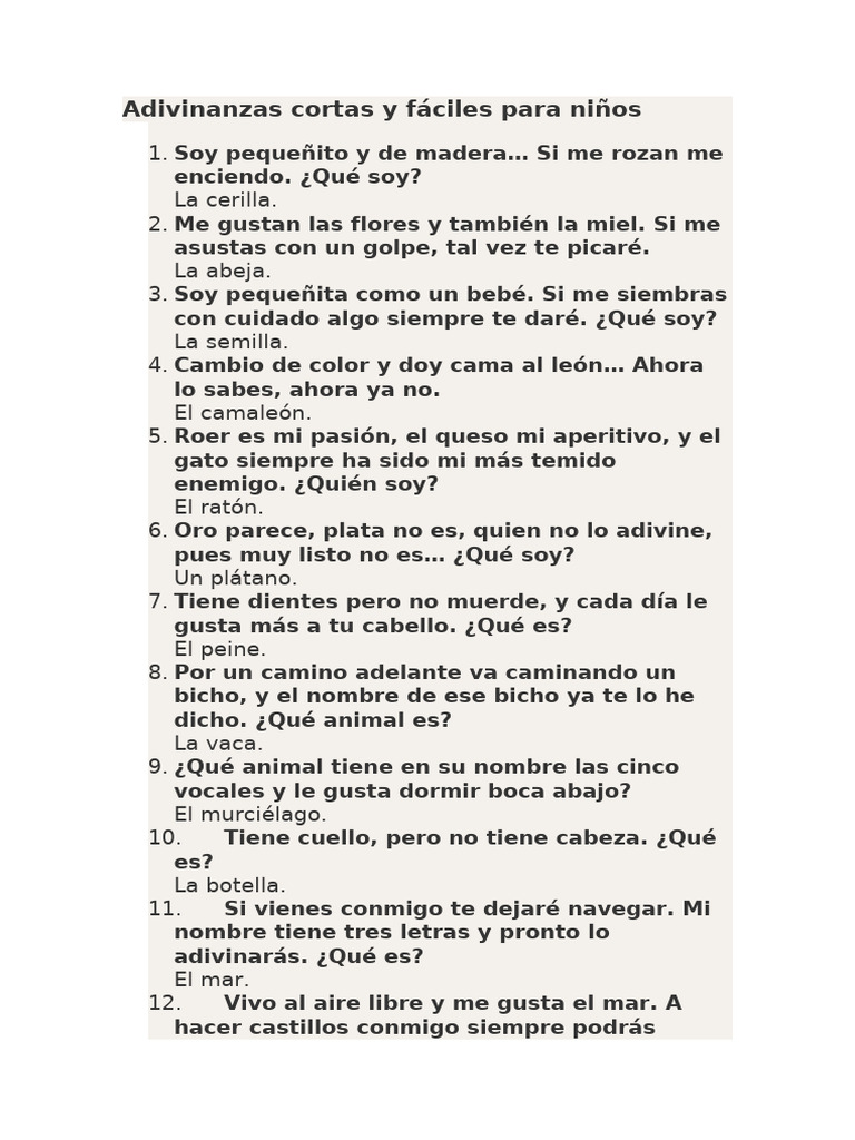 Adivinanzas Cortas y Fáciles para Niños | PDF | Alimentos