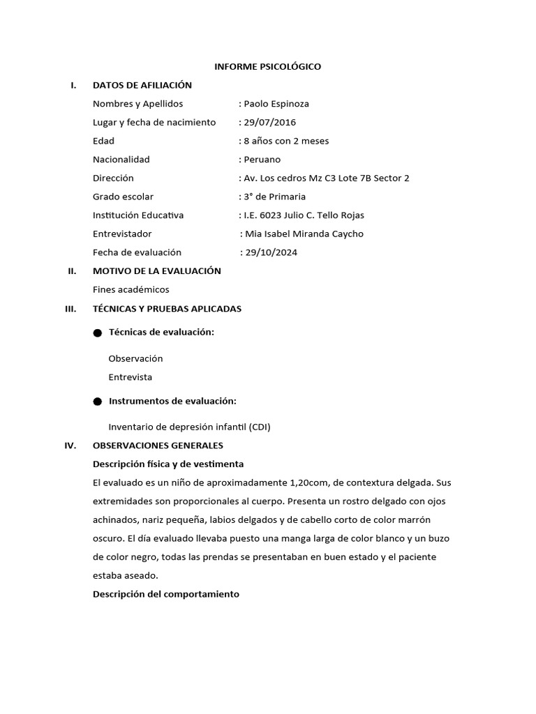 Informe Psicológico de Paolo Espinoza | PDF | Las emociones | Depresión ...