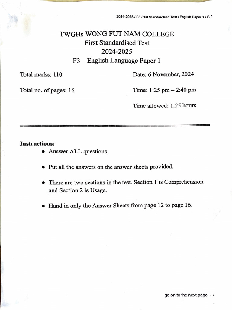 F3 English Paper 1 Test Overview 2024 | PDF