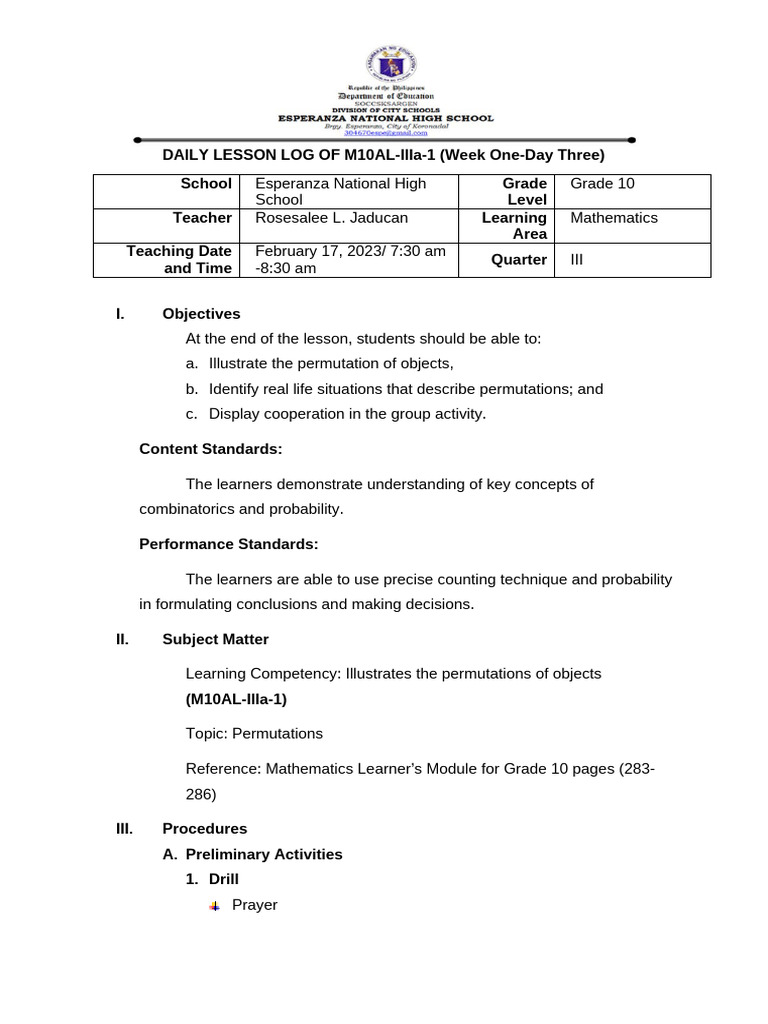 Grade 10 Math Lesson on Permutations | PDF | Learning | Teachers