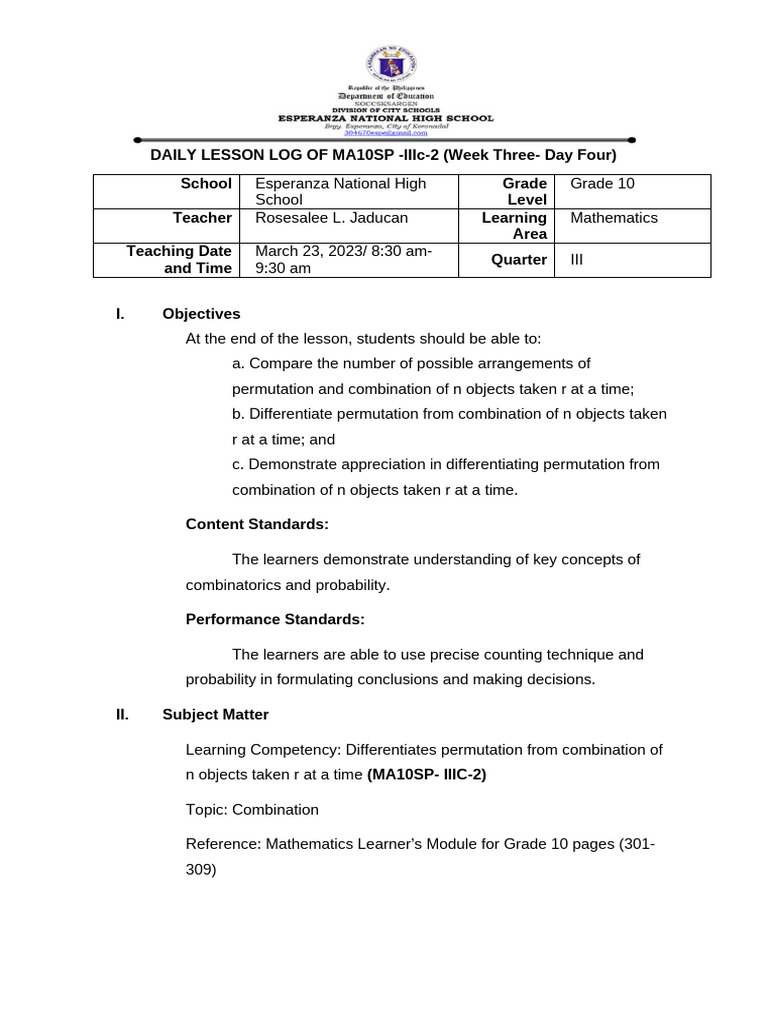 Grade 10 Math: Permutation vs Combination | PDF | Permutation | Teachers