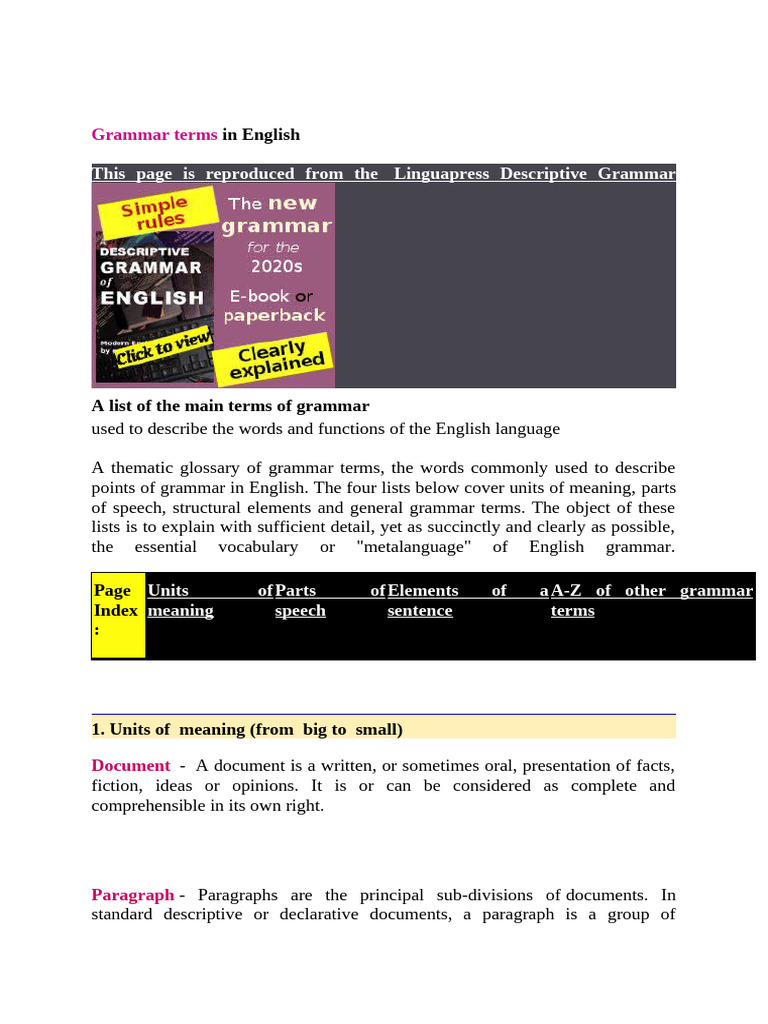 Key Grammar Terms Explained | PDF | Verb | Adjective