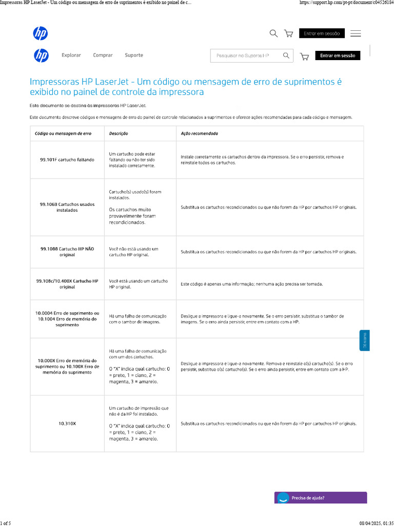 Erros de Suprimentos em Impressoras HP | PDF