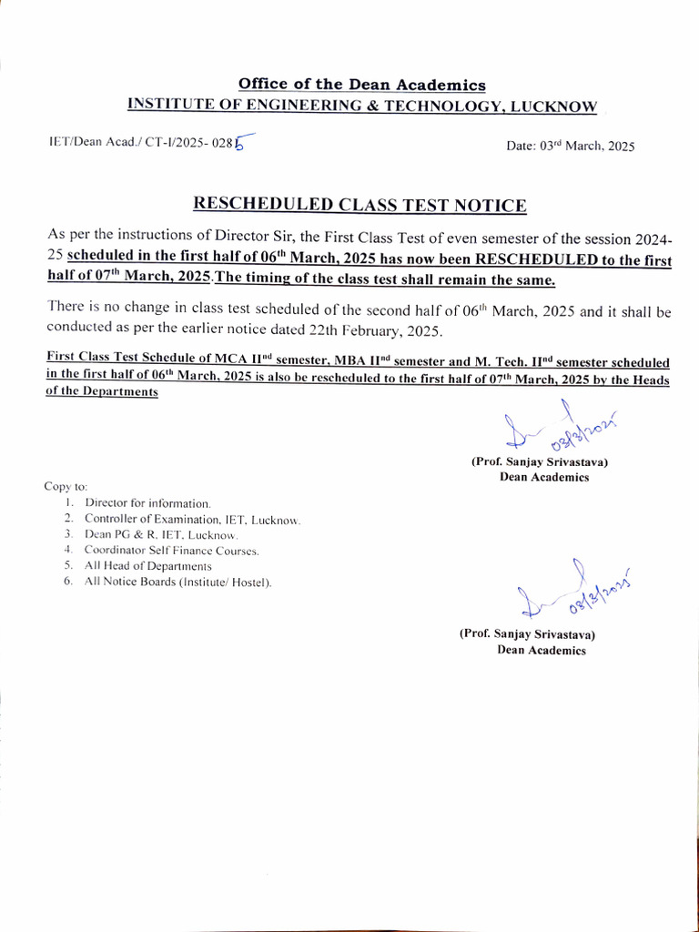 Rescheduled Class Test Notice 2025 | PDF