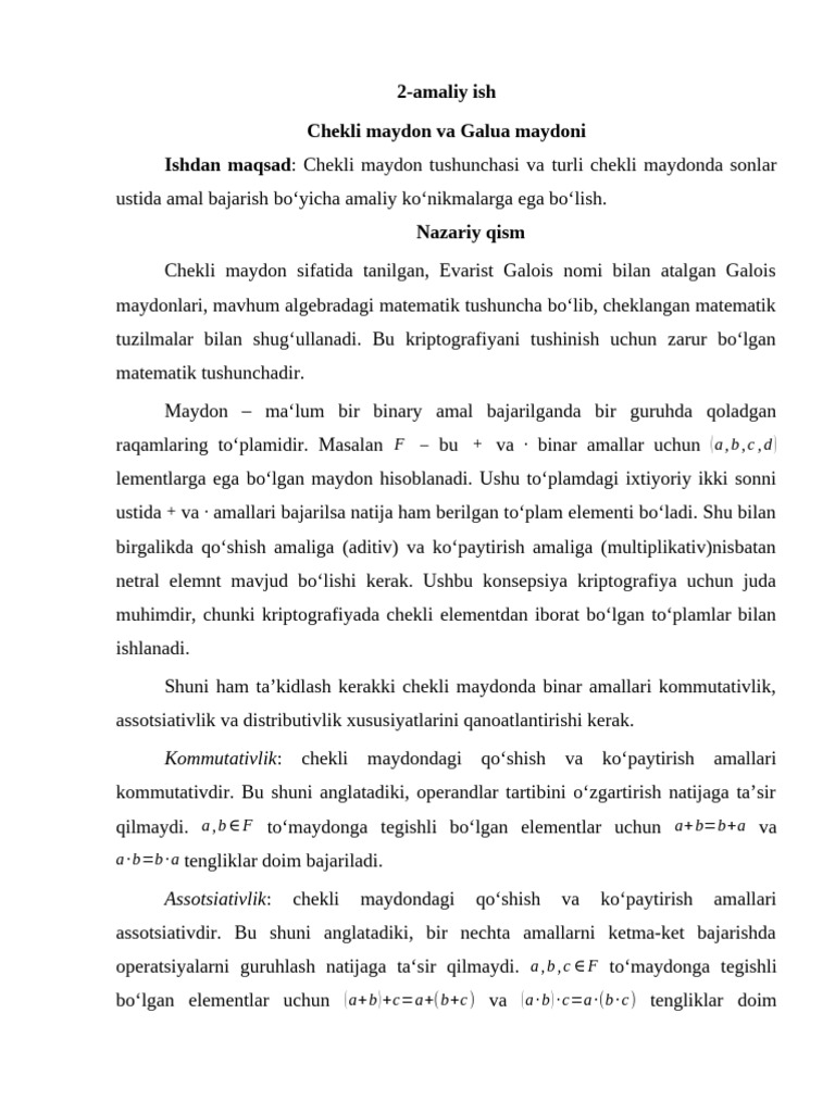Chekli Maydon Va Galua Maydoni | PDF