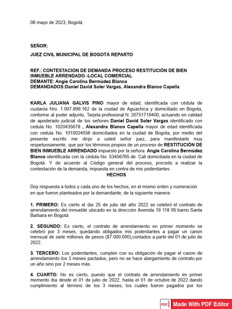 Contestación Demanda Restitución Local Bogotá | PDF