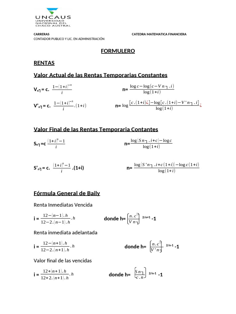 Fórmulas de Rentas y Amortizaciones | PDF | Matemáticas