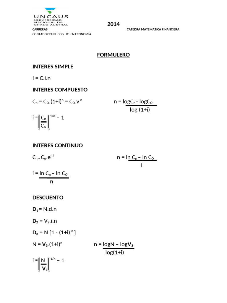 Formulero de Matematica Financiera | PDF | Matemáticas Aplicadas | Deuda