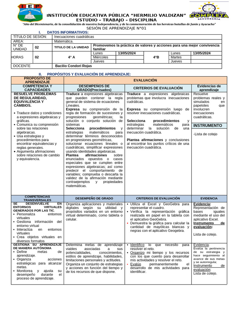 SESIÓN DE APRENDIZAJE #01 Tercera Unidad | PDF | Aprendizaje | Evaluación