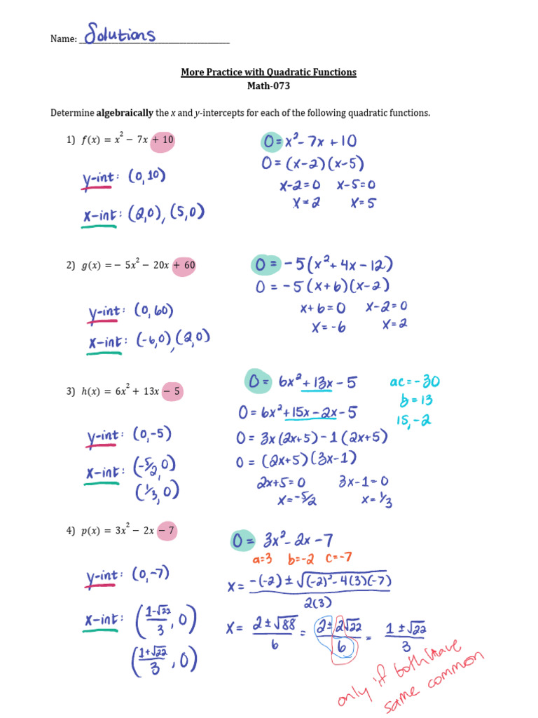 More Practice With Quadratic Functions - Solutions | PDF | Algebra ...