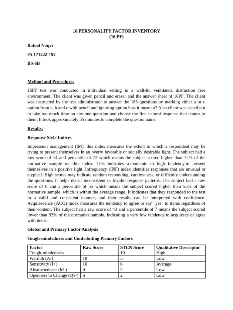 16PF Personality Test Results Analysis | PDF | Anxiety | Extraversion ...