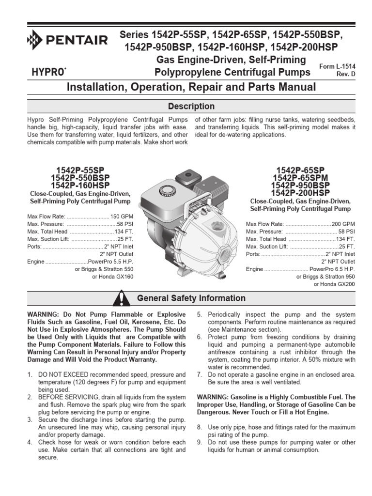 Gas Engine-Driven Polypropylene Pumps Manual | PDF | Pump | Screw