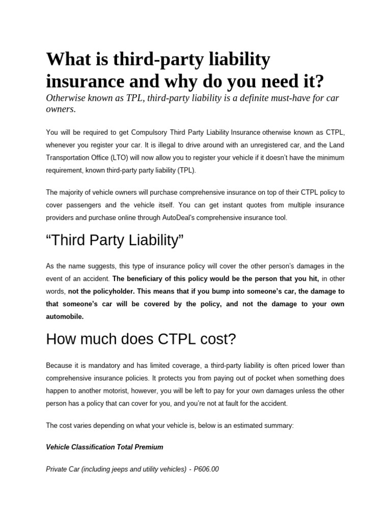 Understanding TPL Car Insurance Basics | PDF | Vehicle Insurance ...