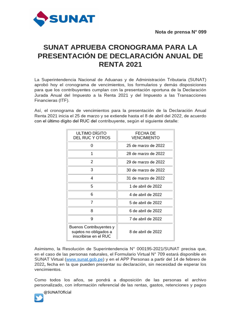 Cronograma Declaración Renta 2021 SUNAT | PDF | Impuestos | Impuesto ...